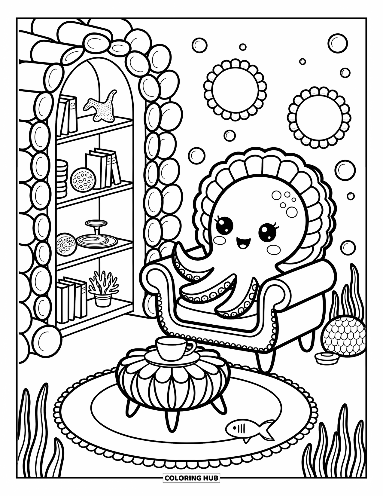 Octopus Coloring Page for Adults: A relaxed octopus chills in a shell chair with tea and a coral bookshelf