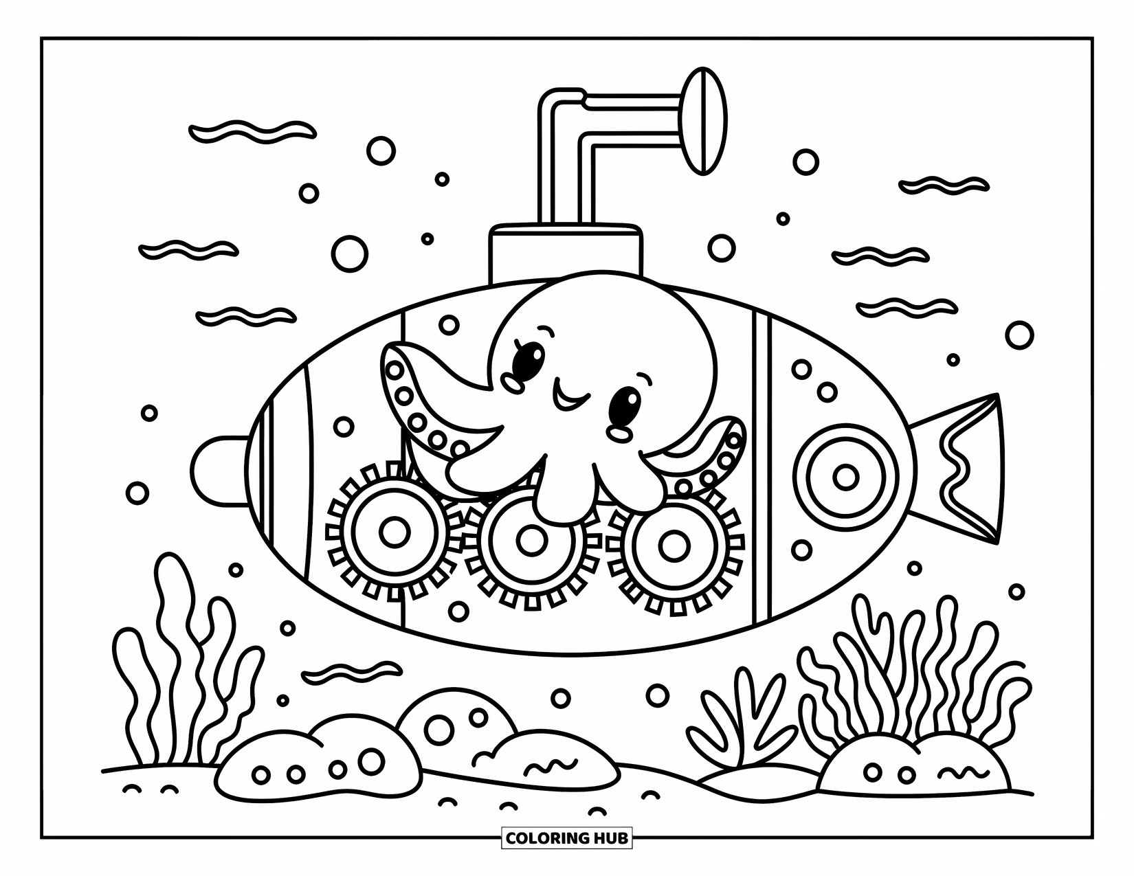 Octopus Coloring Page for Adults: A whimsical octopus explores the ocean from inside a round submarine