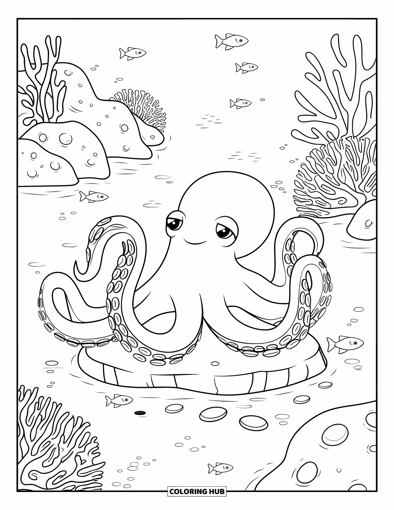 Octopus Coloring Page for Adults: A zen-like octopus rests on a rock surrounded by coral and tiny fish