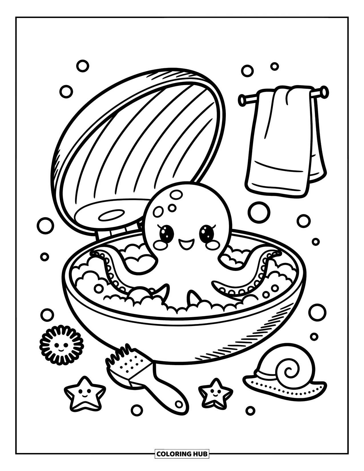 Octopus Coloring Page for Adults: An octopus bathes in a bubbly shell surrounded by sea-themed bath toys