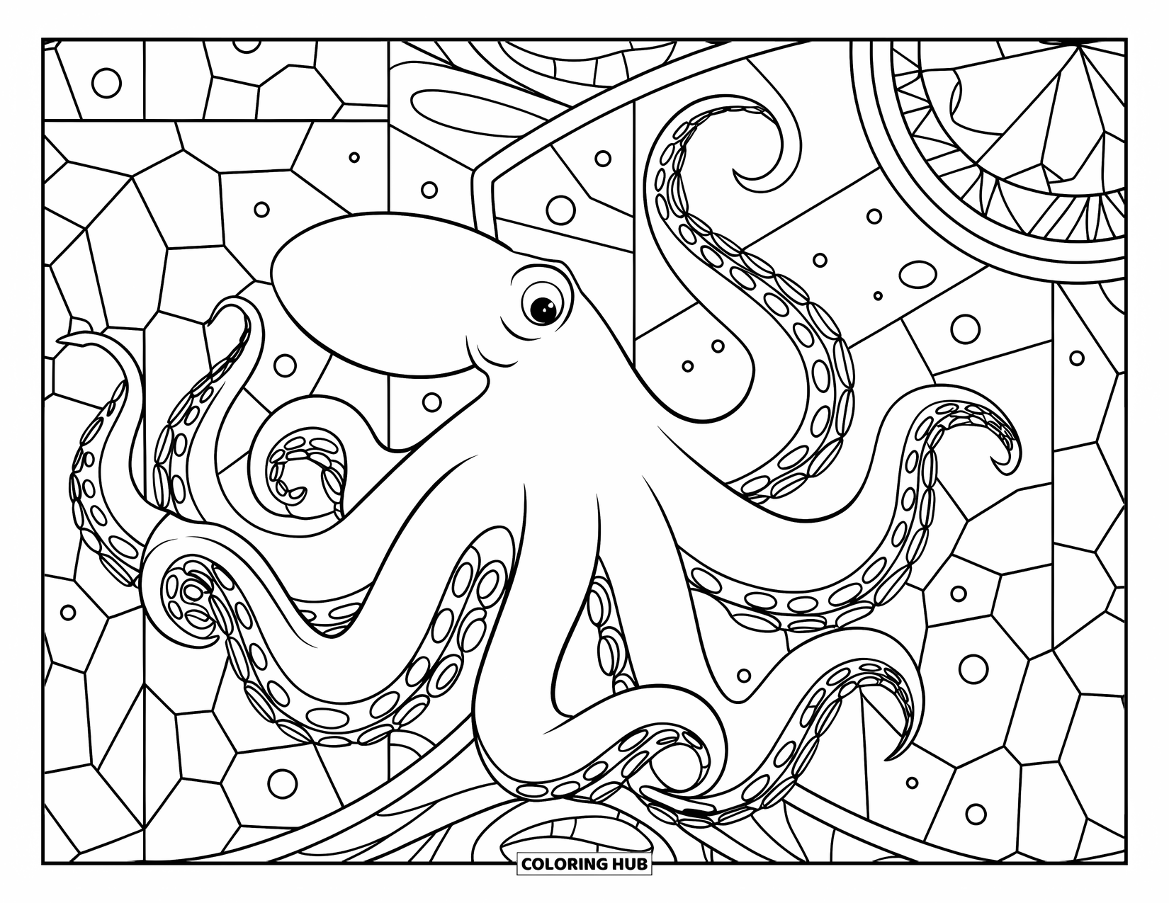 Octopus Coloring Page for Adults: An octopus glides near stained glass coral reef panels filled with intricate designs