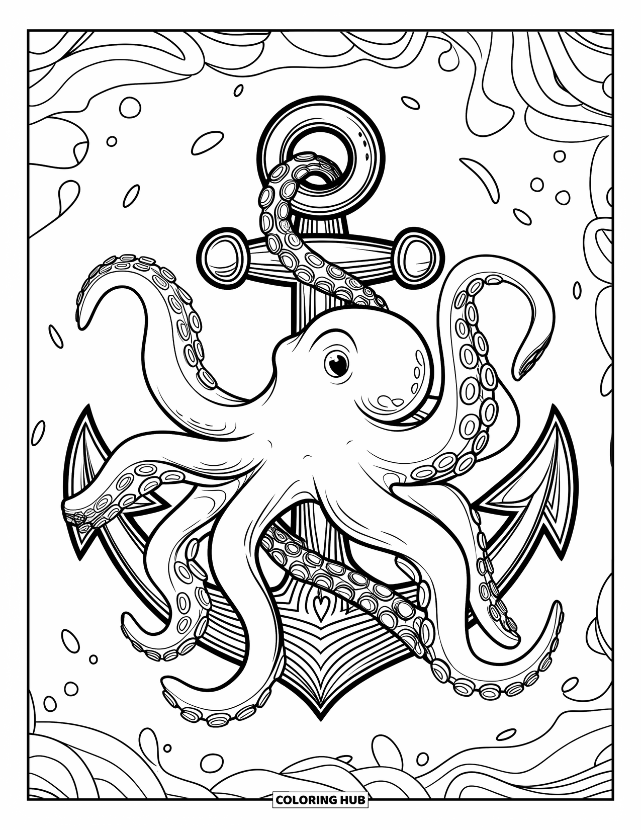 Octopus Coloring Page for Adults: An octopus holds a heart-carved anchor with patterned kelp and detailed chains