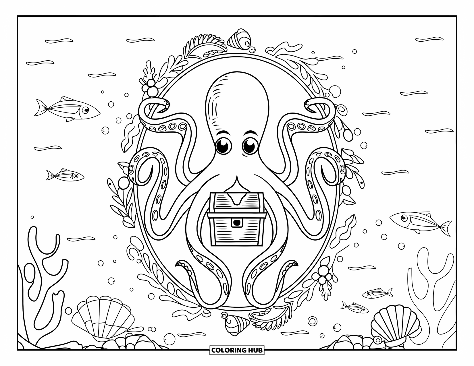 Octopus Coloring Page for Adults: An octopus holds a treasure chest inside a sea-themed frame with fish and bubbles