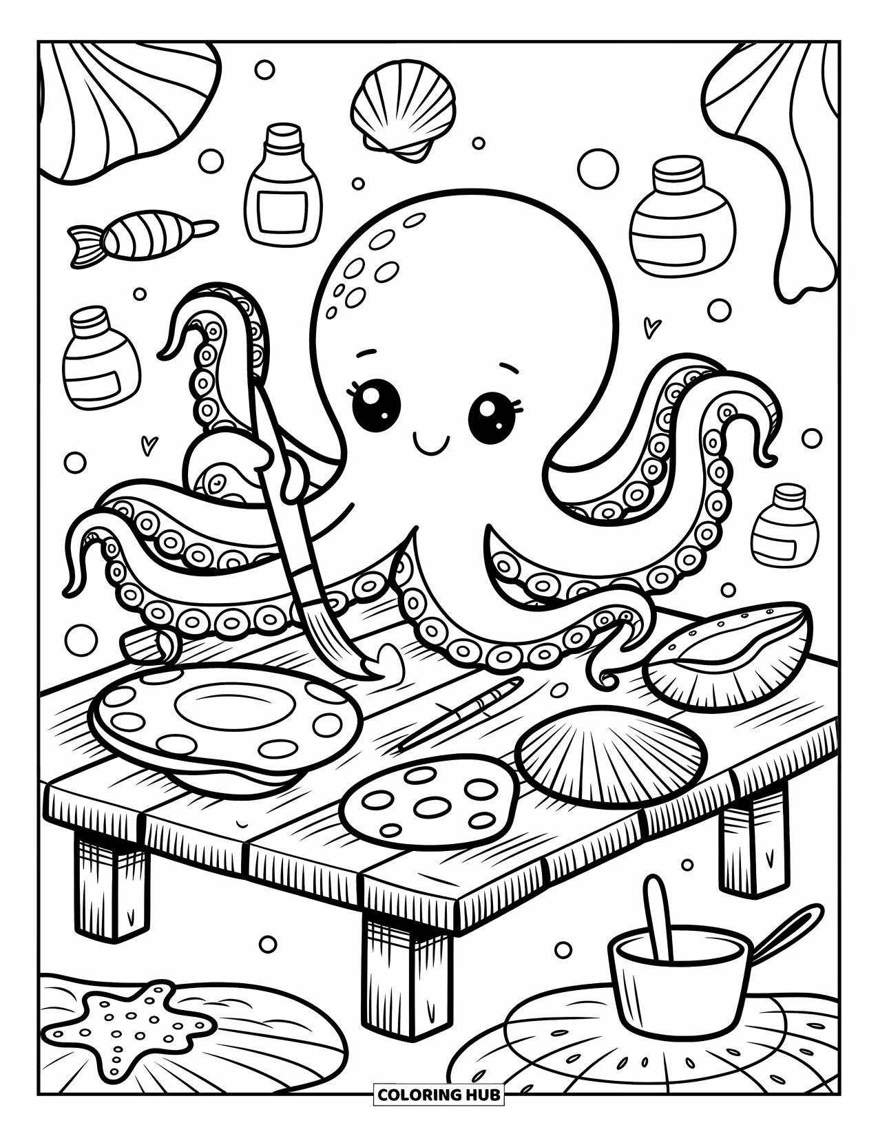 Octopus Coloring Page for Adults: An octopus paints seashells with playful doodles and creative underwater details