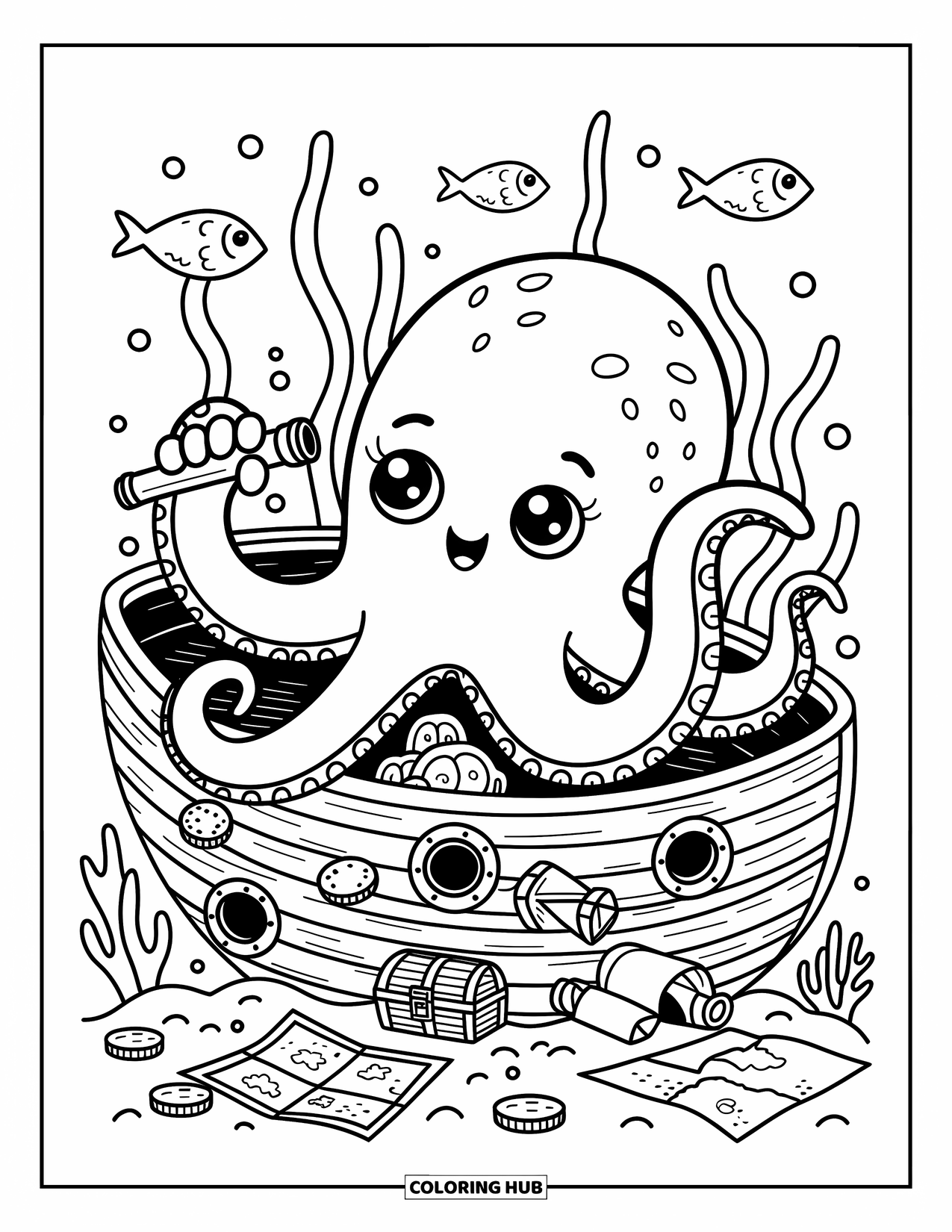 Octopus Coloring Page for Adults: An octopus pokes through a pirate ship wreck with coins, maps, and a telescope