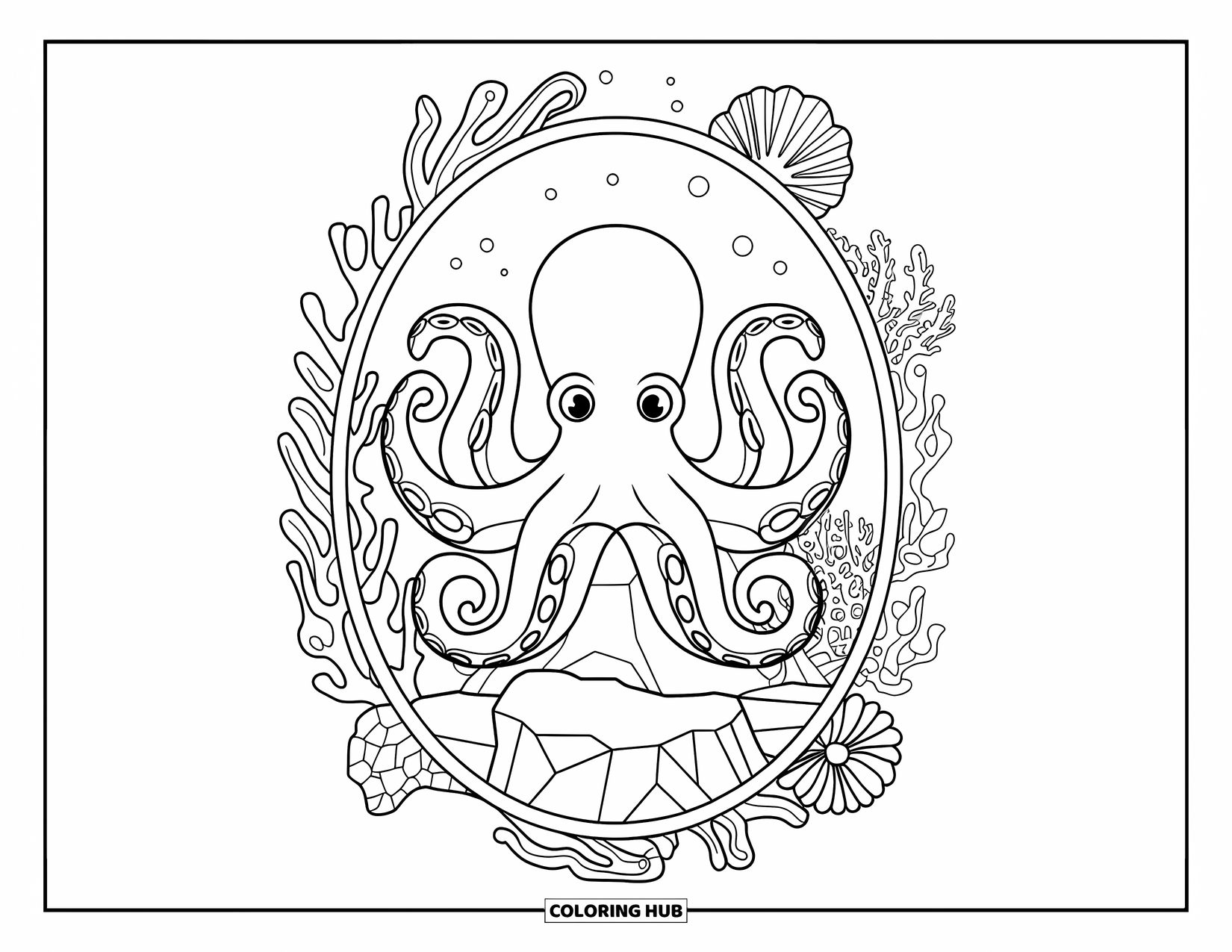 Octopus Coloring Page for Adults: An octopus rests on a rock inside a frame filled with corals and seashells