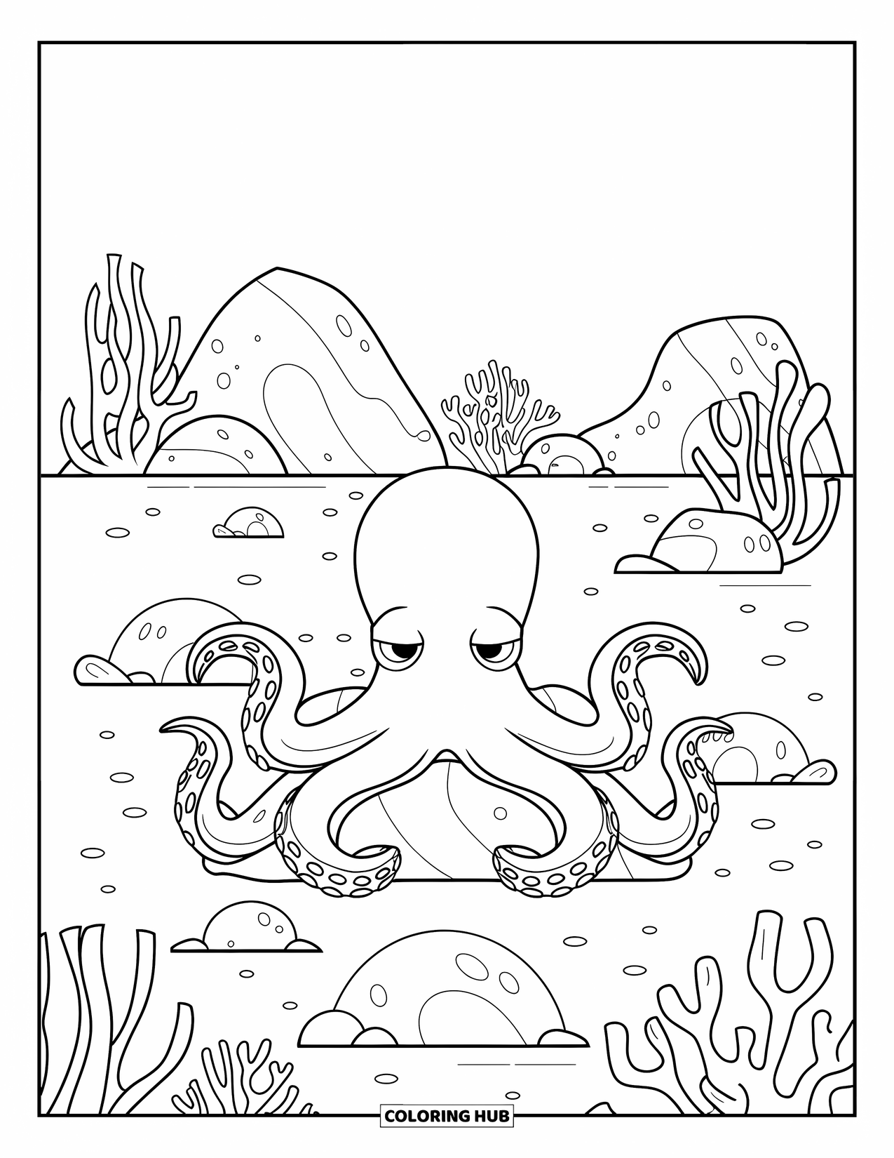 Octopus Coloring Page for Adults: An octopus sits quietly on a rock among coral and smooth pebbles