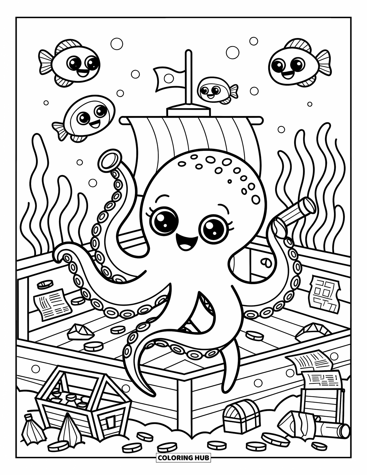 Octopus Coloring Page for Adults: An octopus uncovers treasure in a sunken pirate ship with maps and sea life