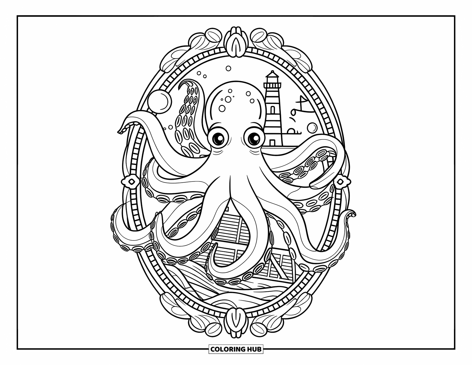 Octopus Coloring Page for Adults: An octopus wraps around a shipwreck in a framed scene with sea life and a lighthouse