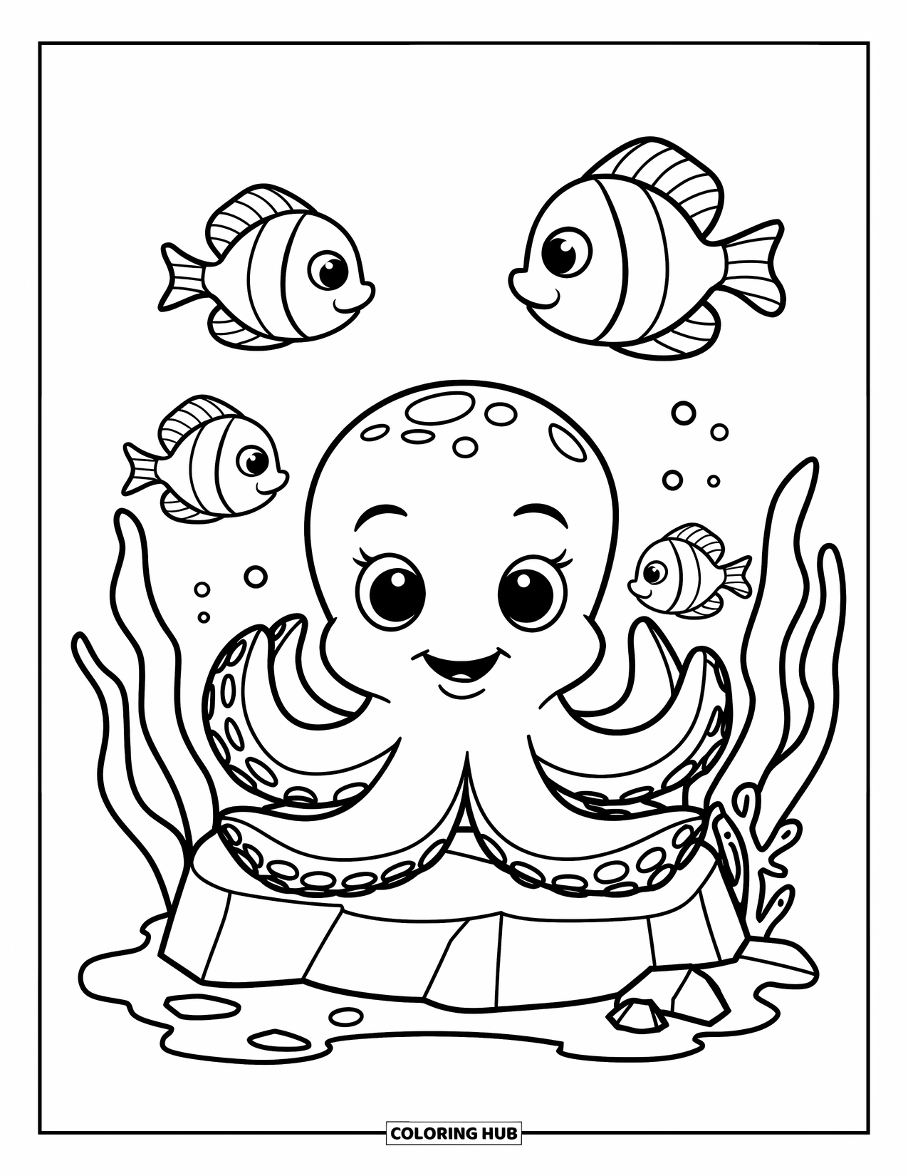 Octopus Coloring Page for Kids: Baby octopus sitting on a rock with fish and seaweed around