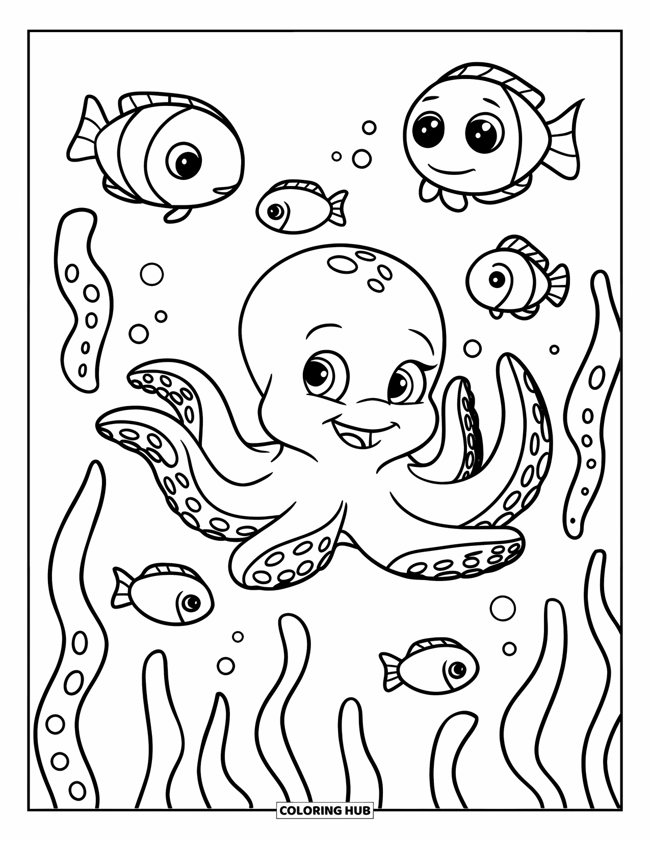 Octopus Coloring Page for Kids: Baby octopus surrounded by fish and seaweed with big eyes and wavy leaves