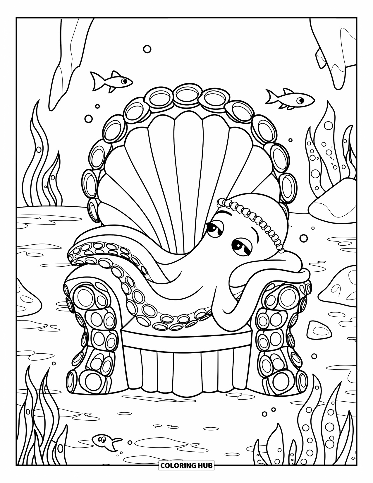 Octopus Coloring Page for Kids: Crowned octopus resting on a shell throne with fish swimming nearby