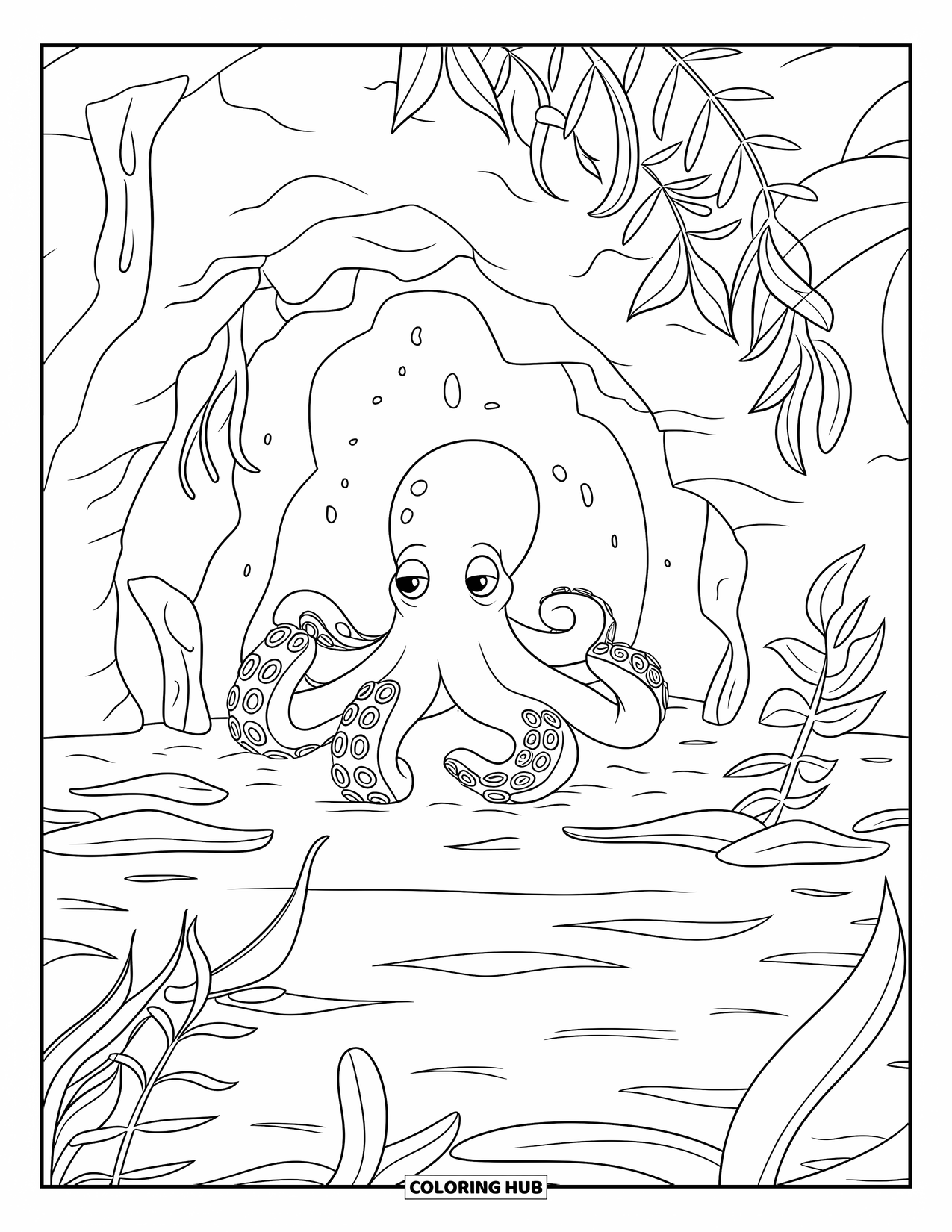 Octopus Coloring Page for Kids: Curious octopus emerging from a rocky cave surrounded by sea plants