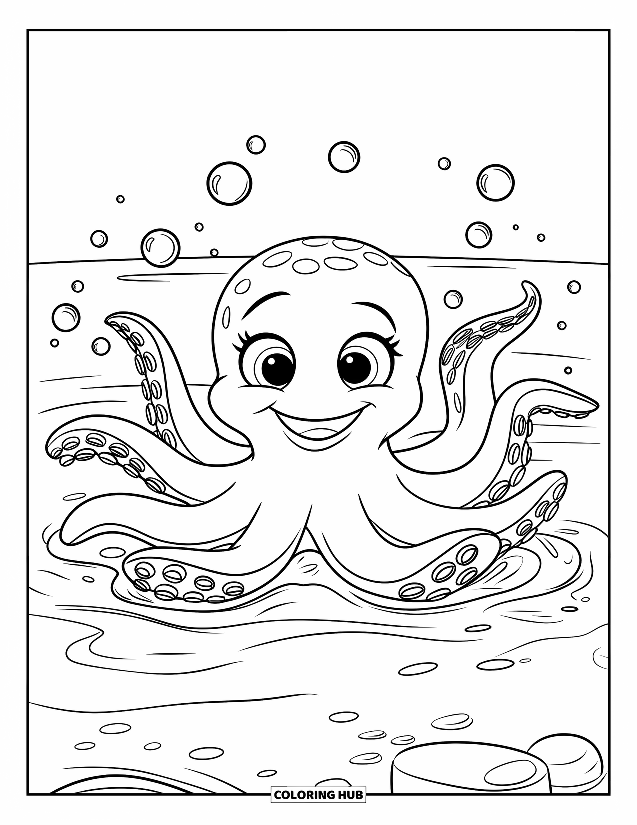 Octopus Coloring Page for Kids: Cute octopus with a toothy smile waving in bubbly open water