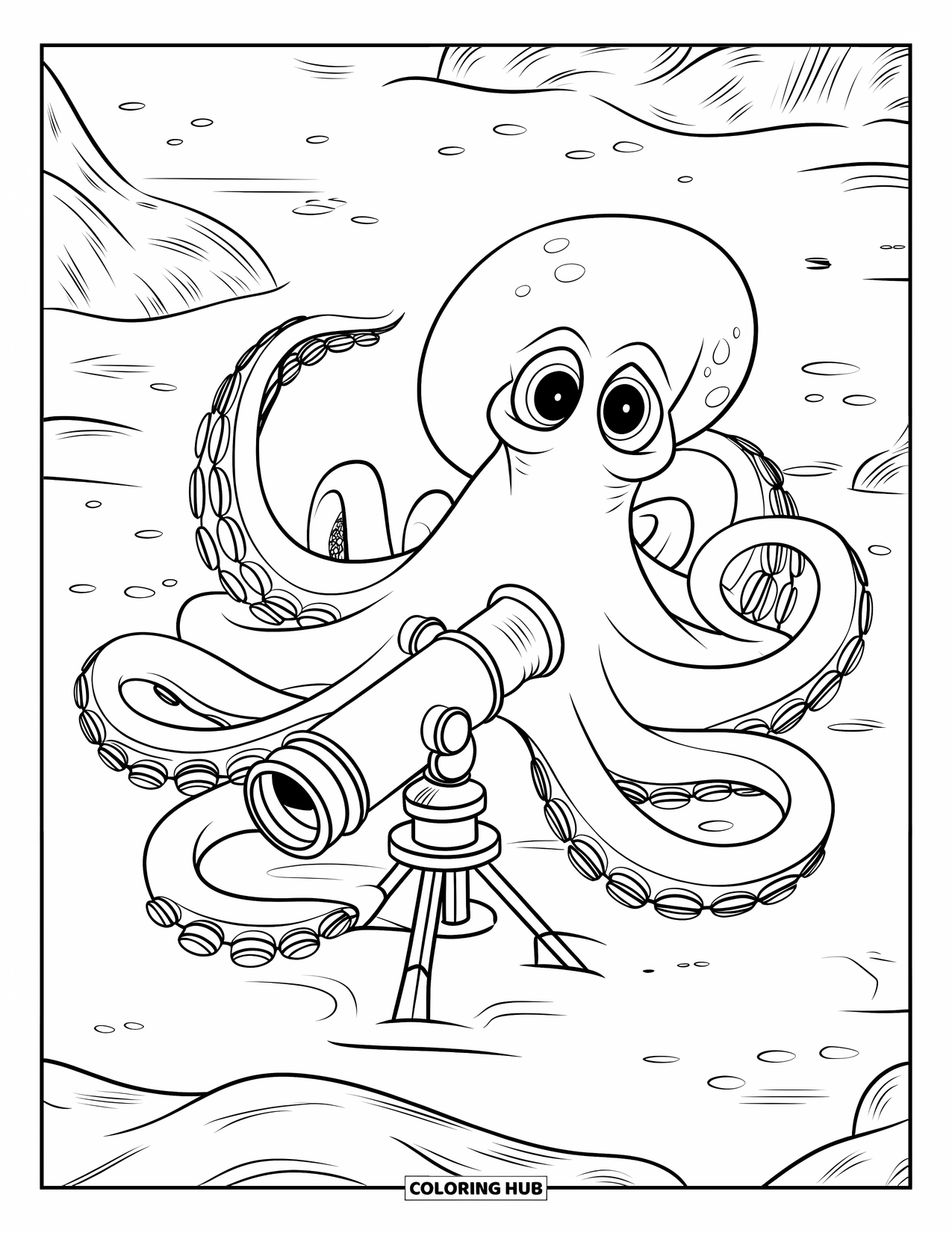 Octopus Coloring Page for Kids: Friendly octopus holding a tripod telescope among rocks and coral
