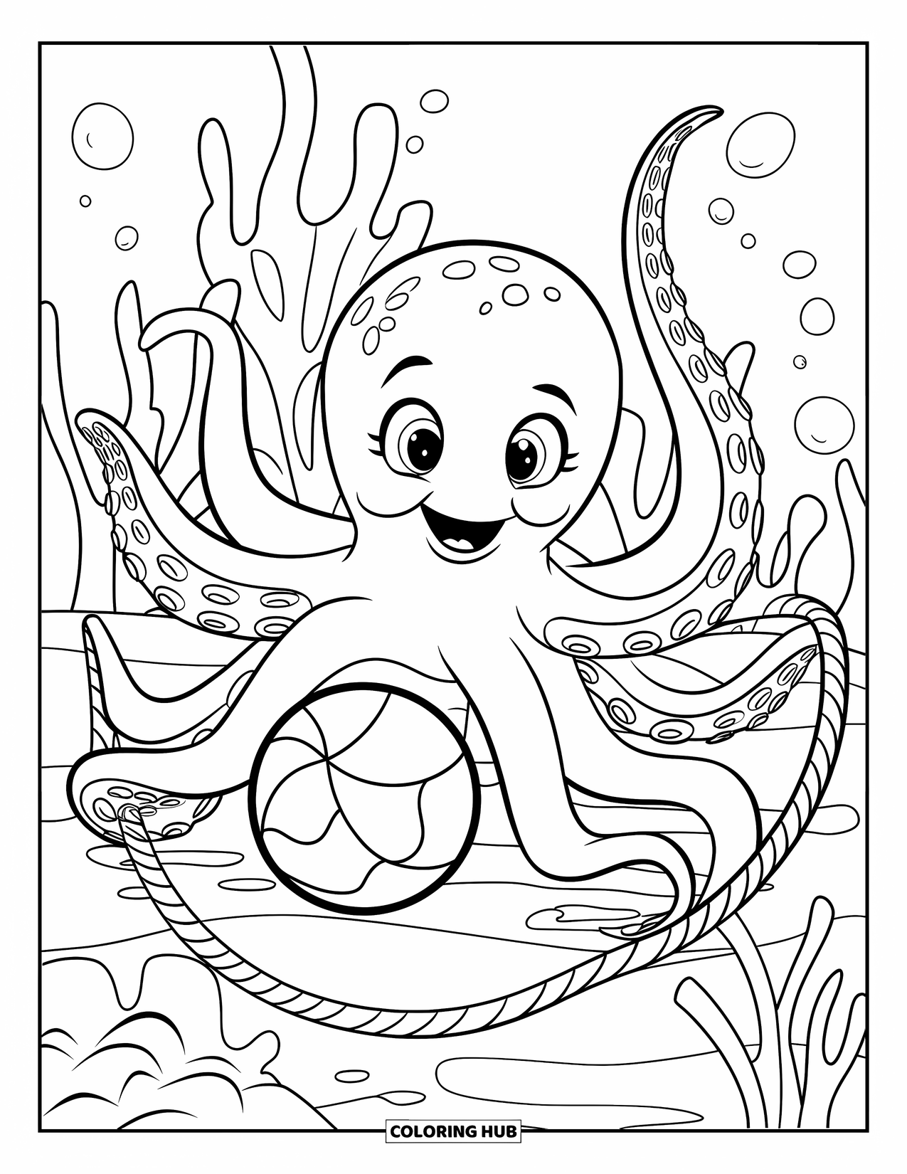 Octopus Coloring Page for Kids: Happy octopus playing with a ball in the sea with bubbles and seaweed