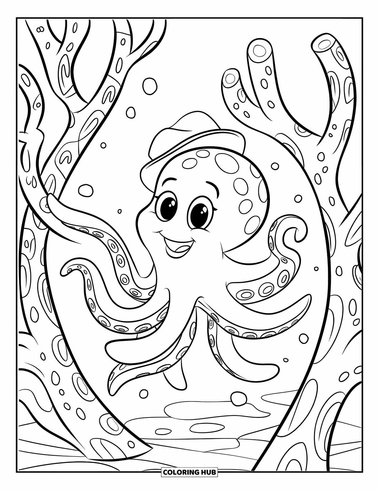 Octopus Coloring Page for Kids: Hat-wearing octopus dancing near textured coral and bubbles