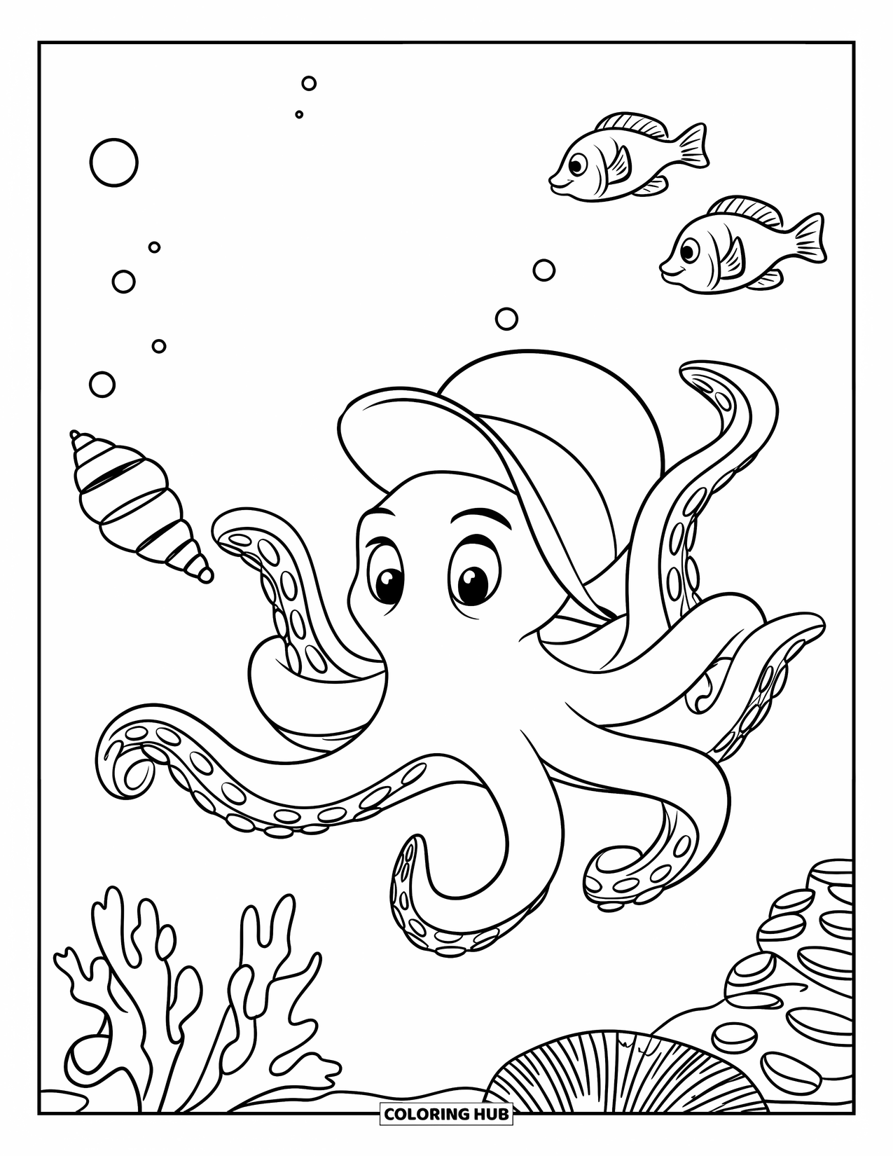 Octopus Coloring Page for Kids: Hat-wearing octopus juggling seashells with fish looking on