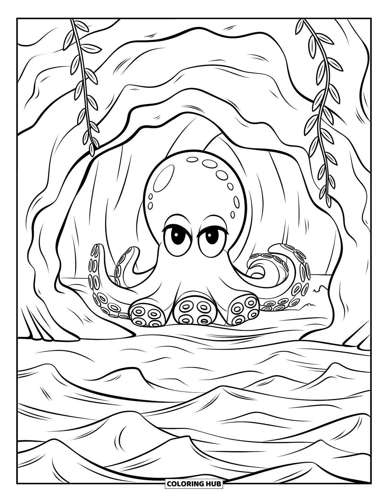 Octopus Coloring Page for Kids: Mysterious octopus emerging from a cave with swaying underwater plants
