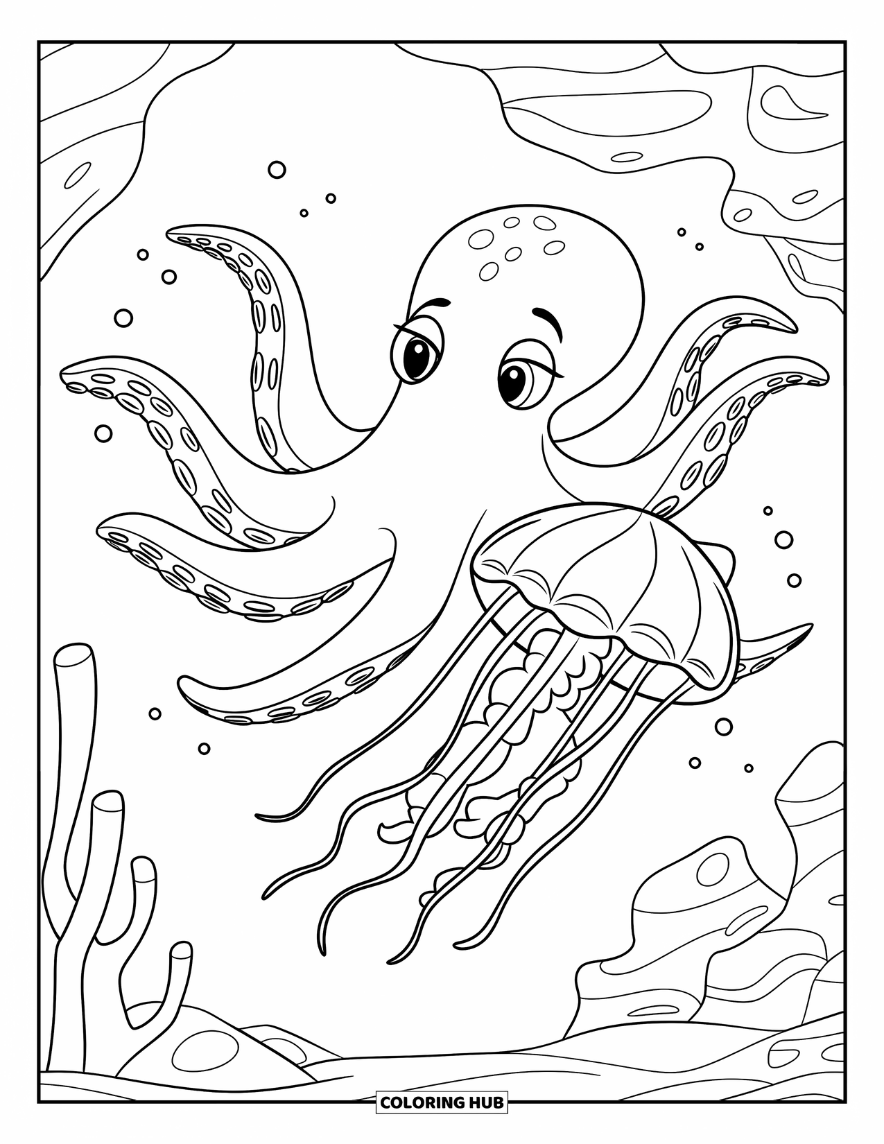 Octopus Coloring Page for Kids: Octopus and jellyfish drifting calmly near rocks and soft coral