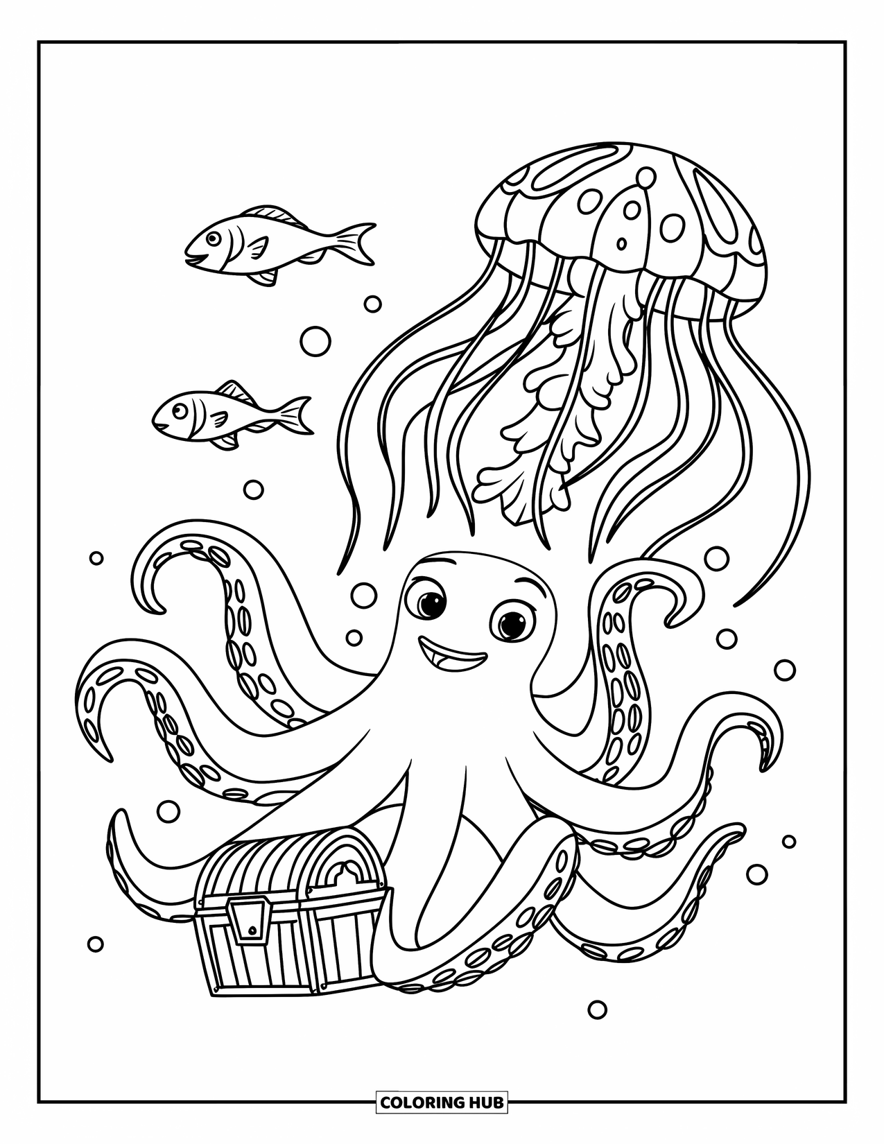Octopus Coloring Page for Kids: Octopus and jellyfish floating peacefully in the deep ocean