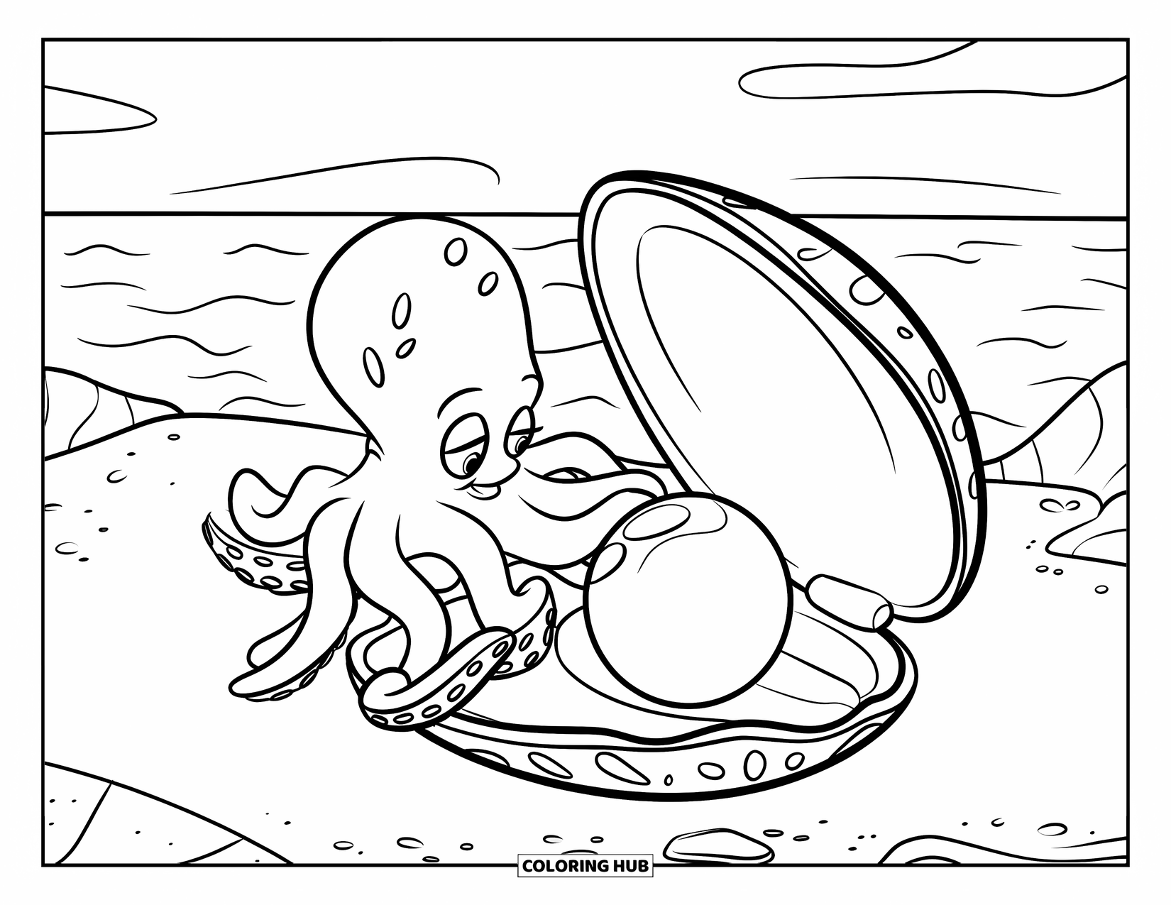 Octopus Coloring Page for Kids: Octopus dropping a shiny pearl into a shell with waves behind