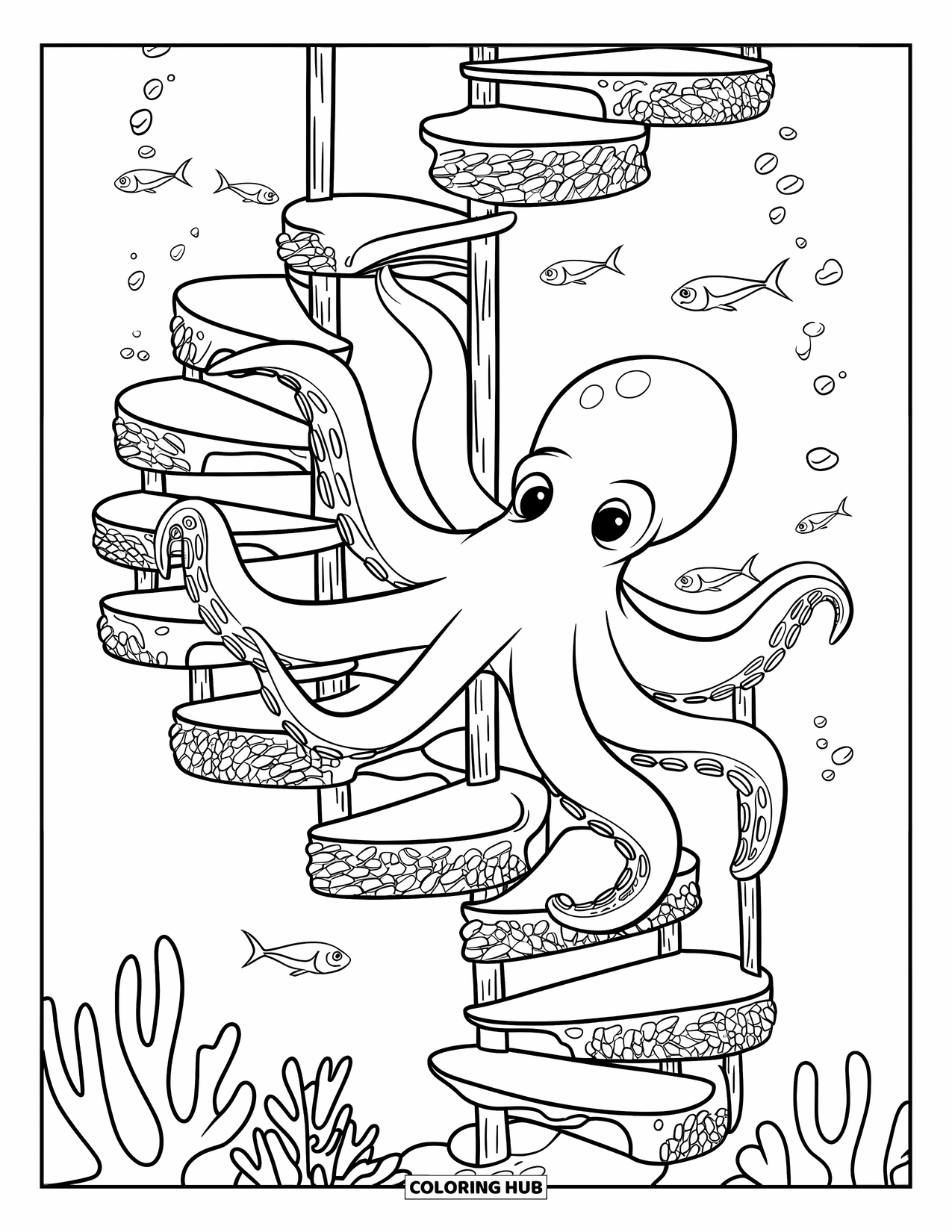 Octopus Coloring Page for Kids: Octopus exploring a coral staircase surrounded by tiny fish