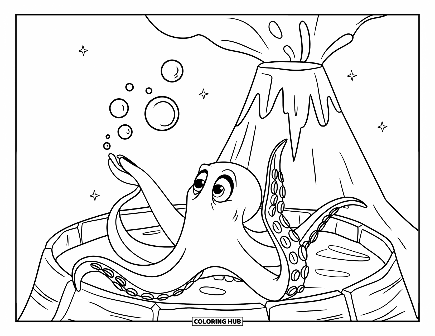 Octopus Coloring Page for Kids: Octopus extending a tentacle toward rising bubbles in a crater