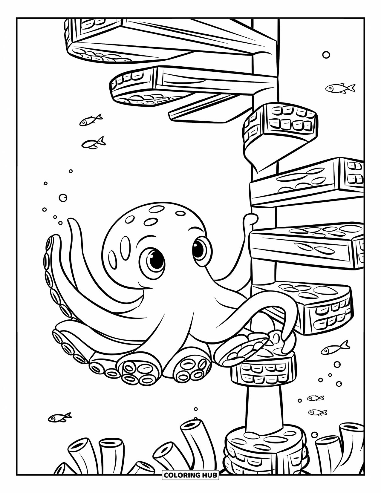 Octopus Coloring Page for Kids: Octopus gliding past a spiral coral staircase deep in the ocean