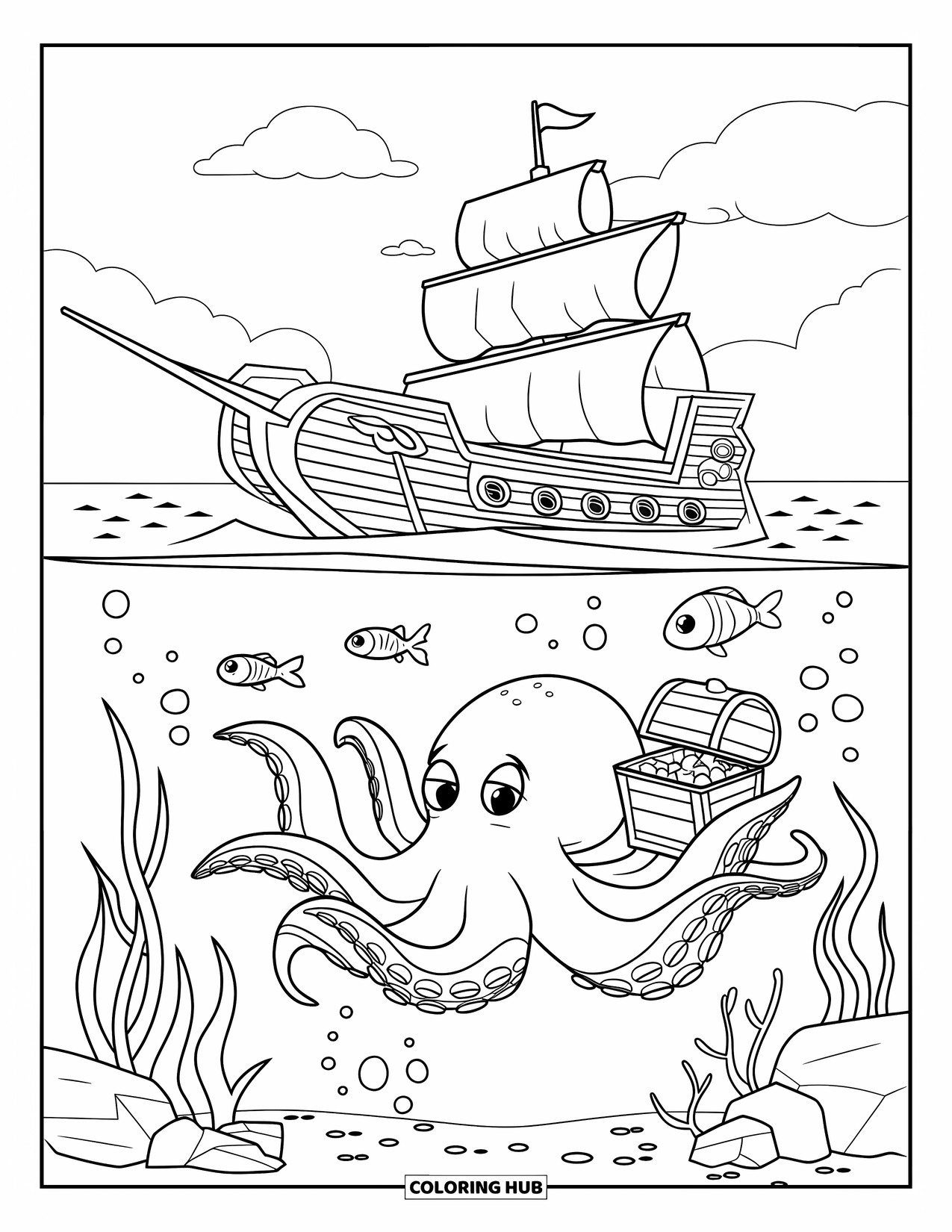 Octopus Coloring Page for Kids: Octopus holding a treasure chest near a seaweed-covered sunken ship