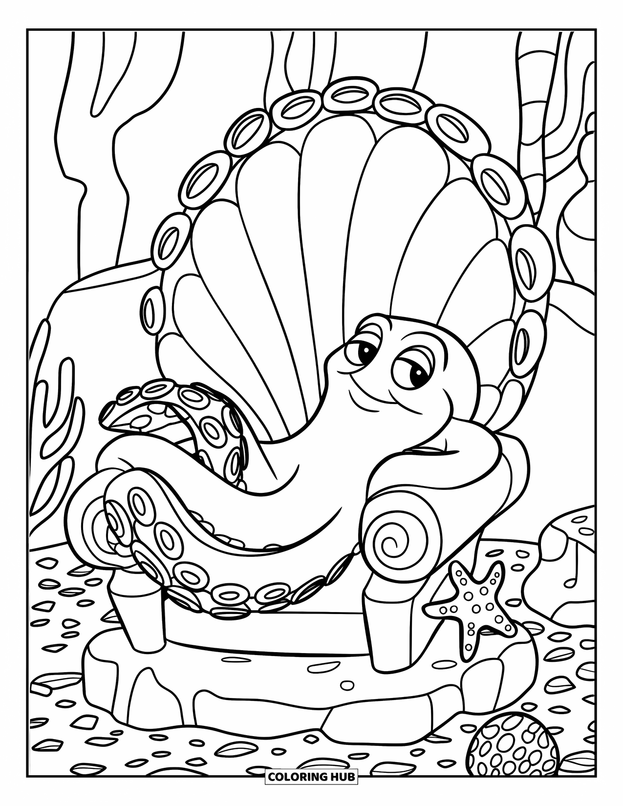Octopus Coloring Page for Kids: Octopus on a throne surrounded by seaweed and a nearby starfish