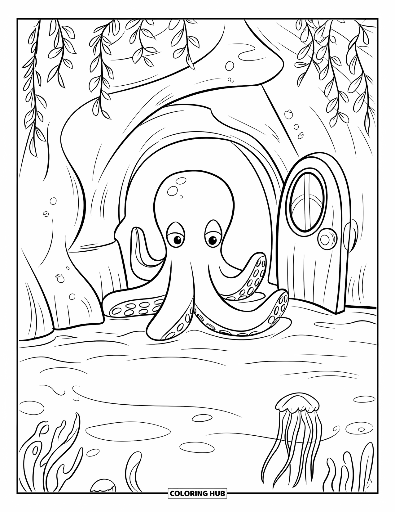 Octopus Coloring Page for Kids: Octopus peeking from a sea cave with jellyfish floating nearby