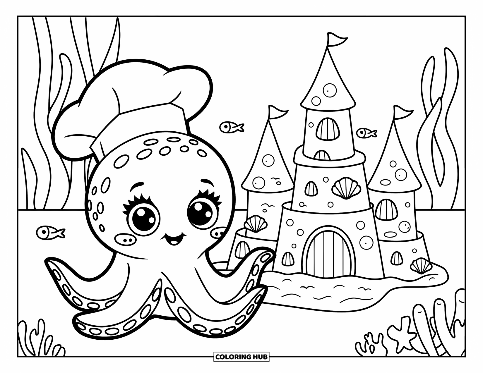 Octopus Coloring Page for Kids: Octopus sitting by a sandcastle wearing a chef's hat