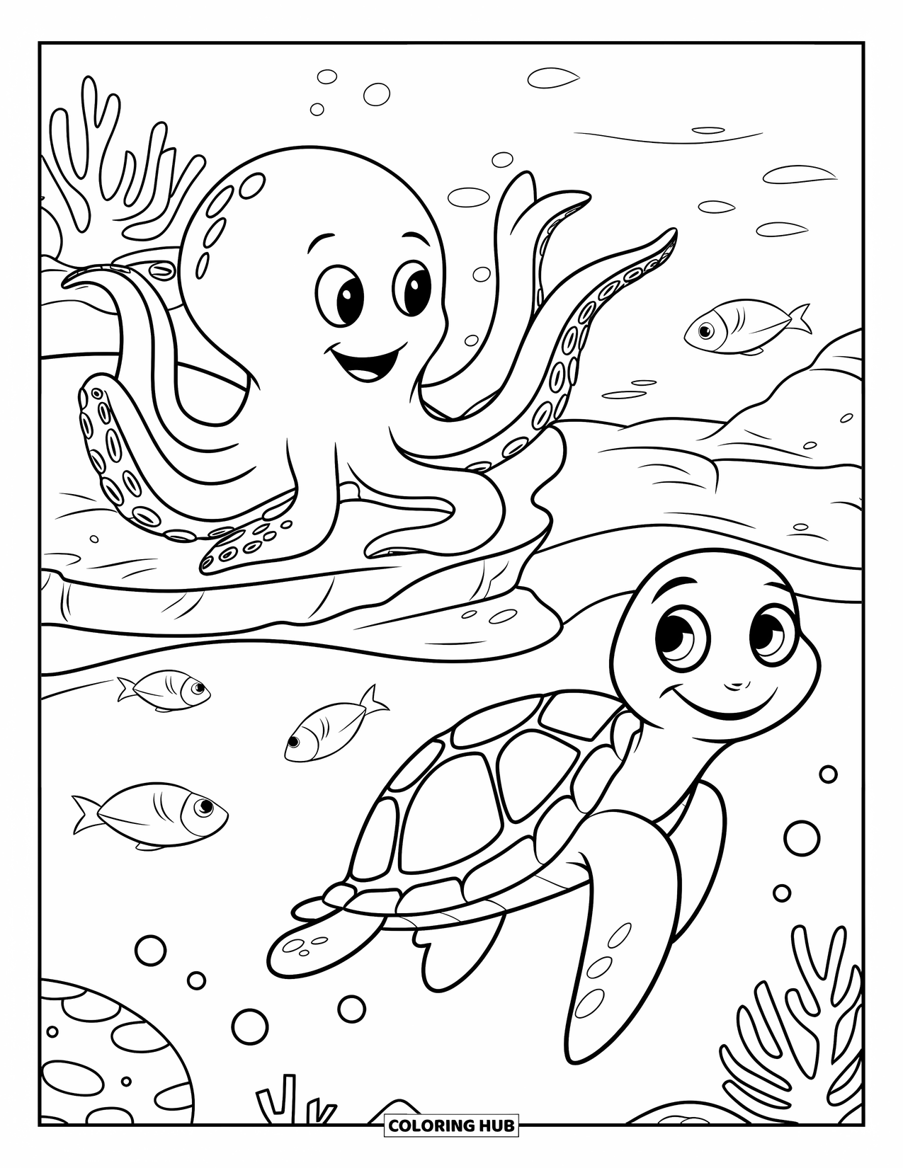 Octopus Coloring Page for Kids: Octopus sitting on a rock and waving at a turtle nearby