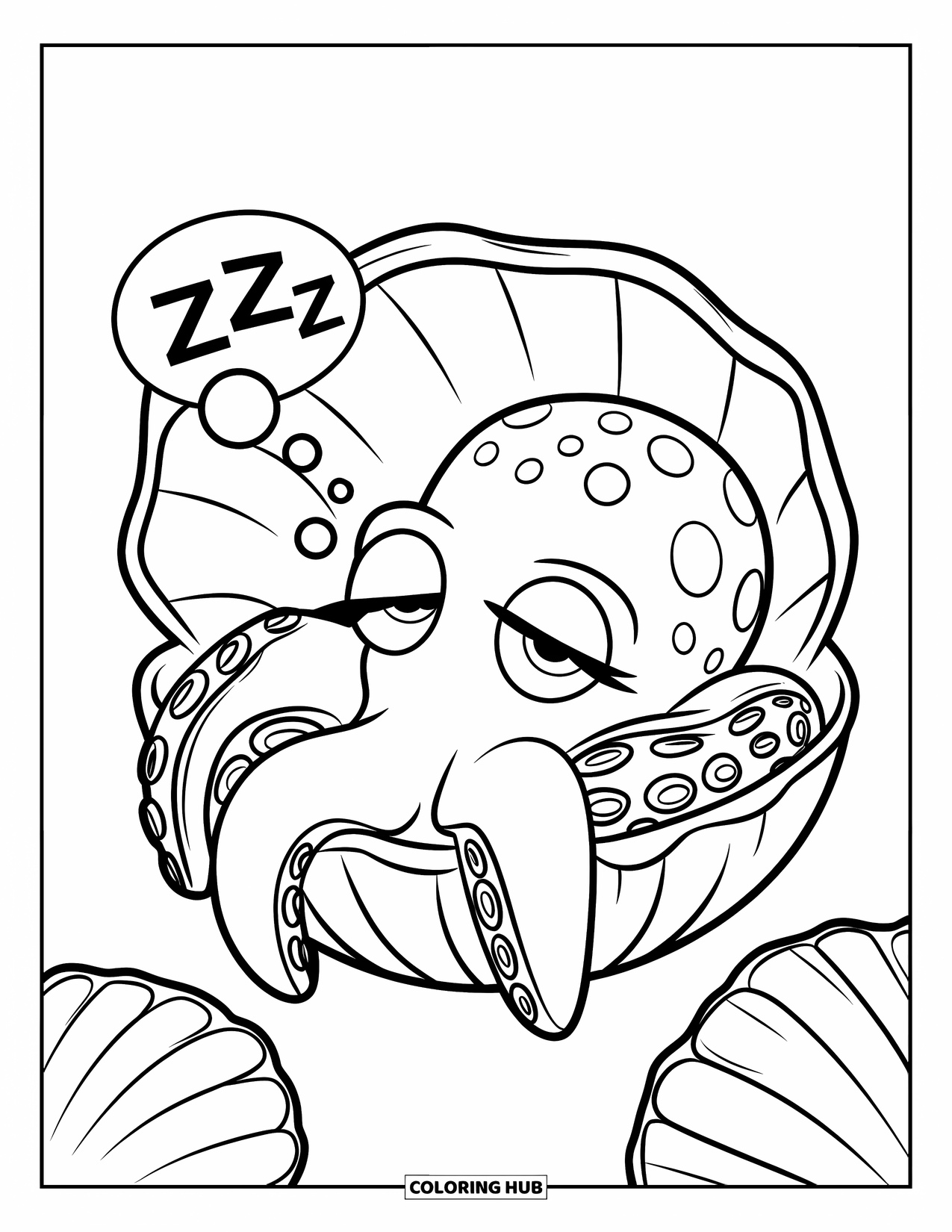 Octopus Coloring Page for Kids: Octopus snoozing inside a shell with "ZZZ" in a tiny bubble