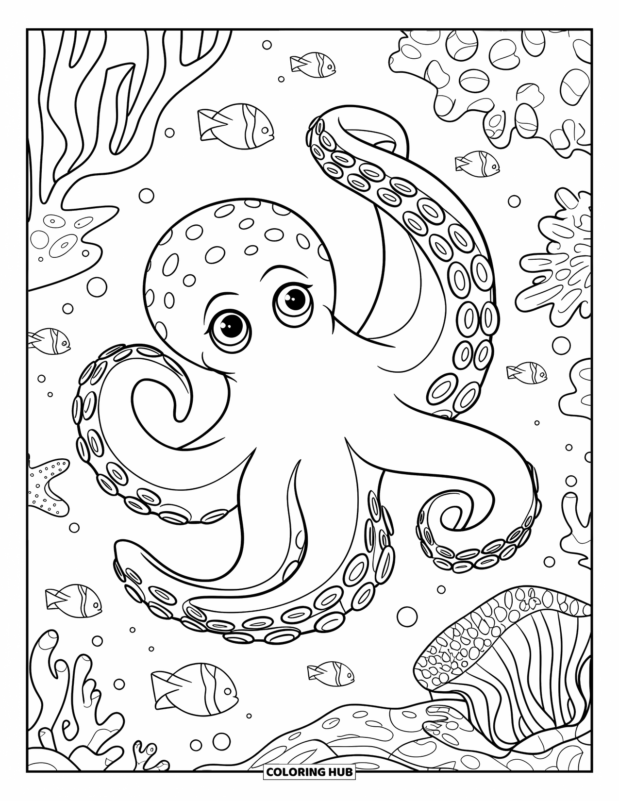 Octopus Coloring Page for Kids: Octopus spiraling through coral with tentacles wrapped around the reef