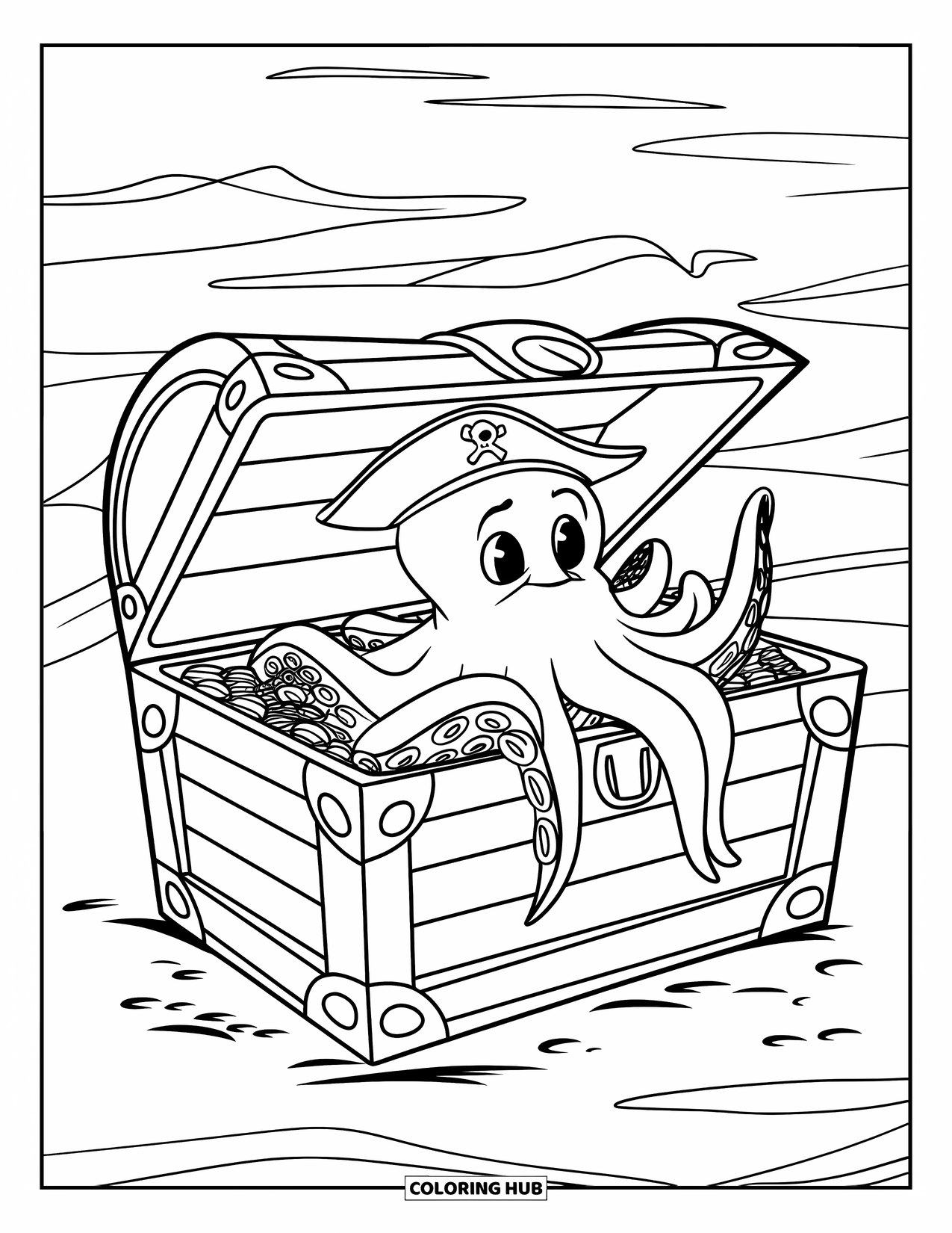 Octopus Coloring Page for Kids: Octopus wearing a pirate hat and peeking from a chest full of coins