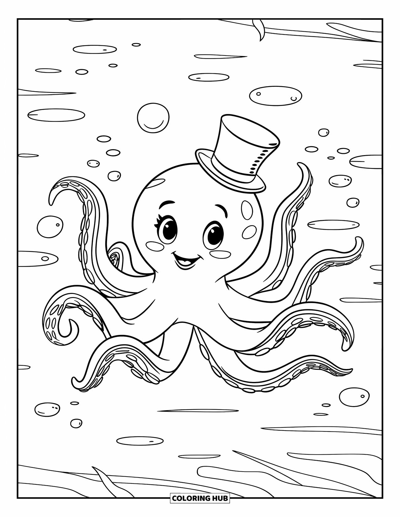 Octopus Coloring Page for Kids: Octopus wearing a top hat, waving with curled tentacles and floating bubbles