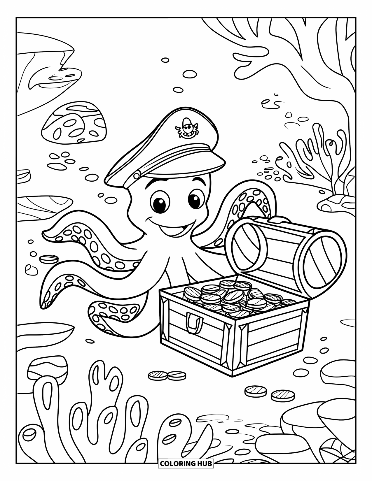 Octopus Coloring Page for Kids: Octopus with a captain's hat discovering a coral-covered treasure chest