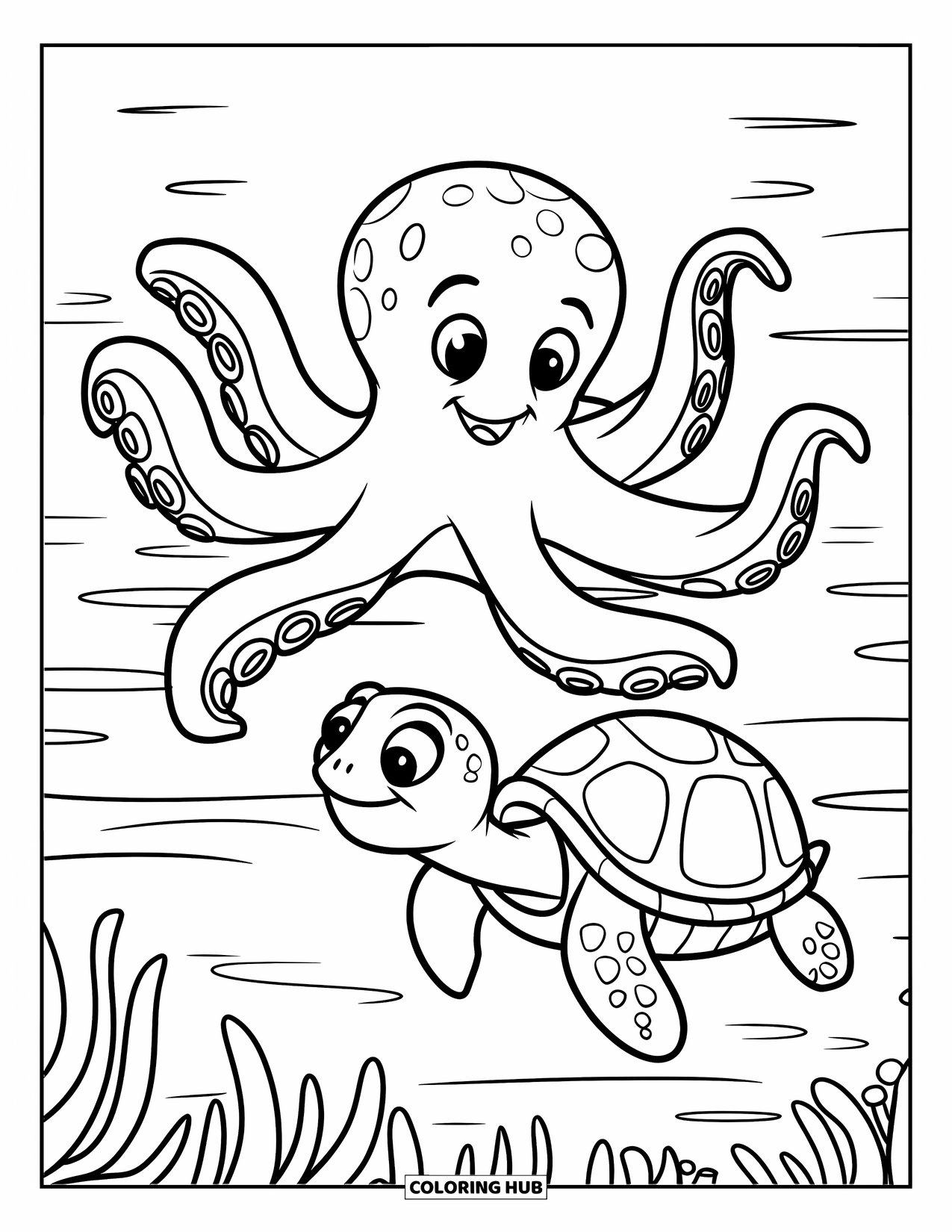 Octopus Coloring Page for Kids: Octopus with patterned arms waving at a turtle in calm waters
