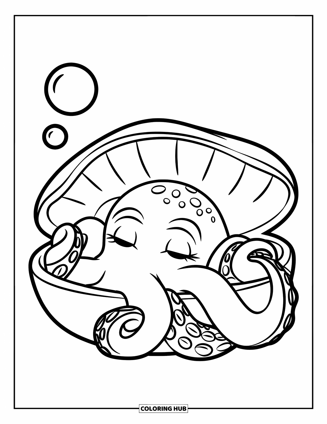 Octopus Coloring Page for Kids: Sleepy octopus curled up in a shell with a little bubble above
