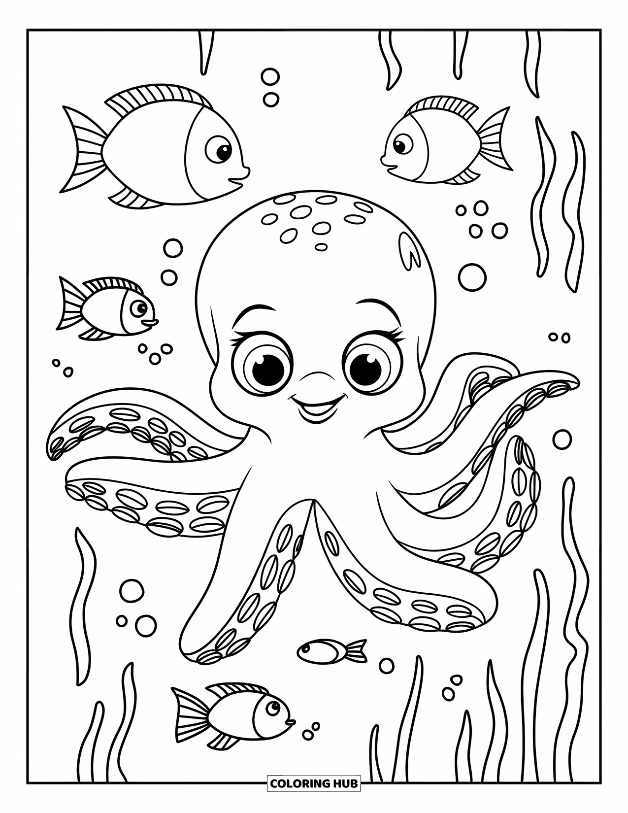 Octopus Coloring Page for Kids: Smiling baby octopus with fish and seaweed in a simple underwater scene