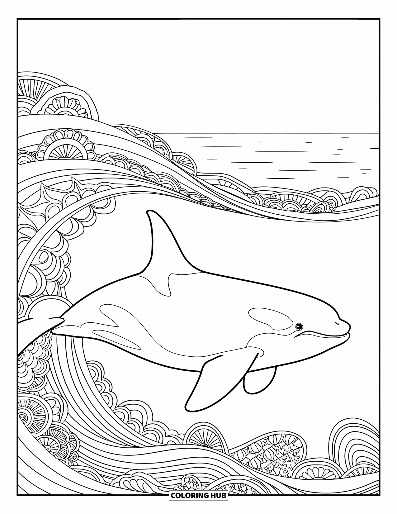 Orca Coloring Page for Adults: A graceful orca glides through calm water filled with mandala patterns