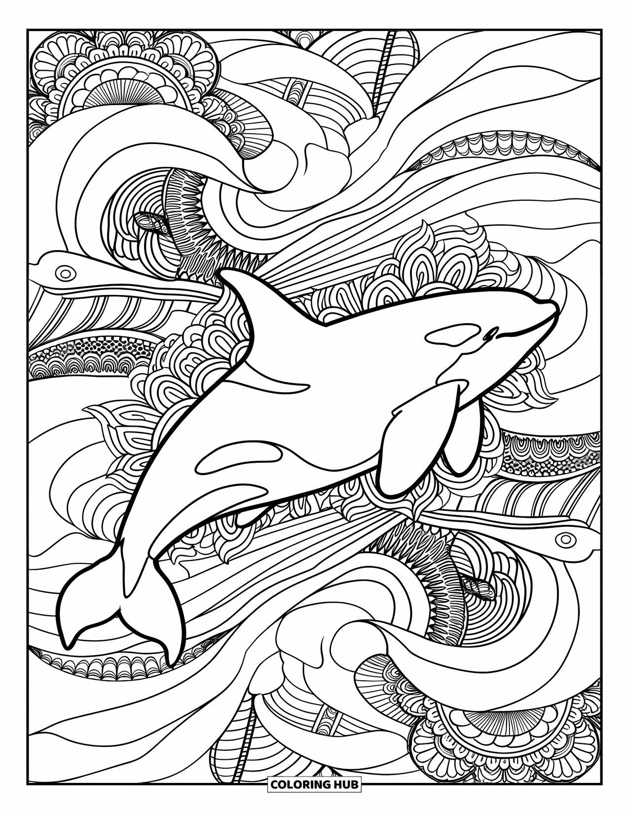 Orca Coloring Page for Adults: A graceful orca swims through waves with mandala and sea life patterns