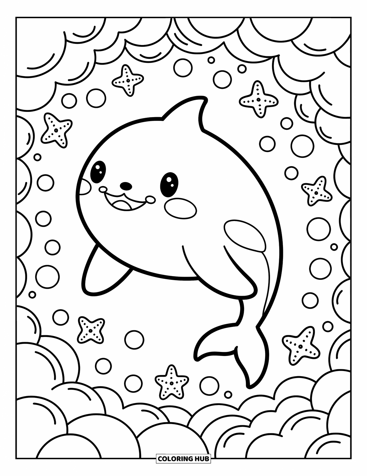 Orca Coloring Page for Adults: A peaceful orca smiles as it floats with tiny bubbles and starfish