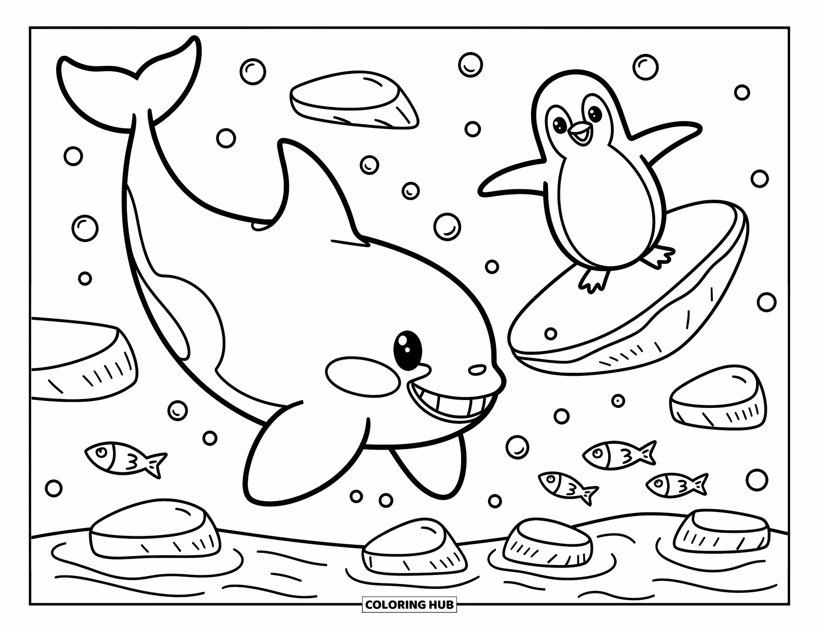 Orca Coloring Page for Adults: A penguin slides on ice while an orca swims playfully beside it