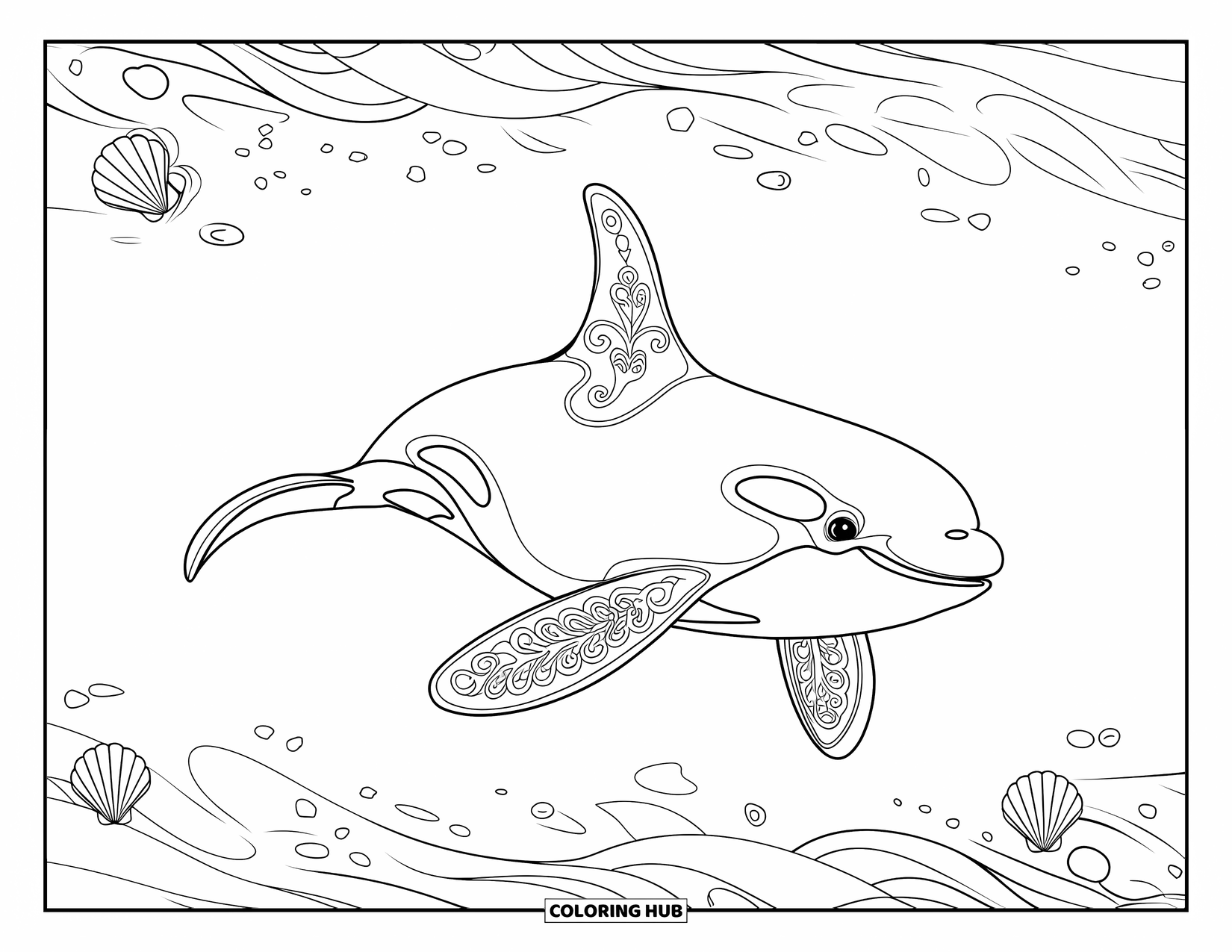 Orca Coloring Page for Adults: A side-facing orca swims through waves with seashells all around
