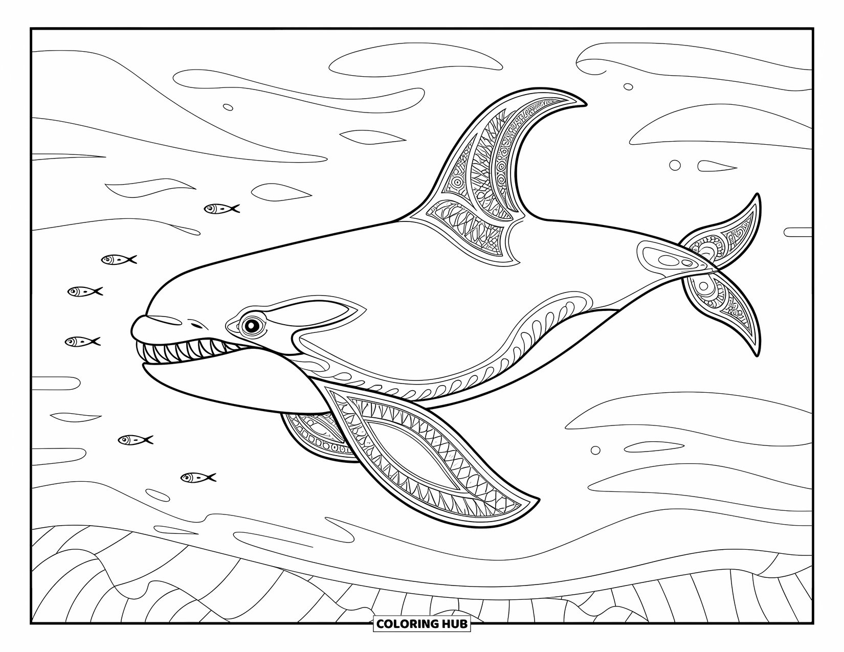 Orca Coloring Page for Adults: A sleek orca with sharp teeth swims near small fish and calm waves