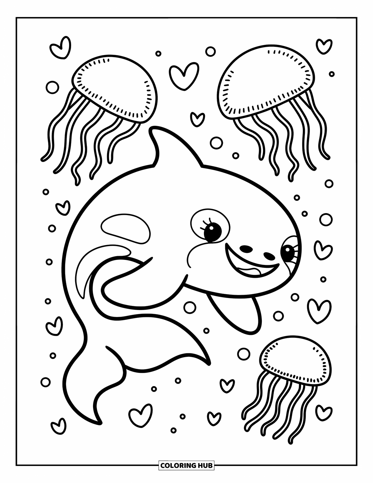 Orca Coloring Page for Adults: A smiling orca twirls as jellyfish float gently above