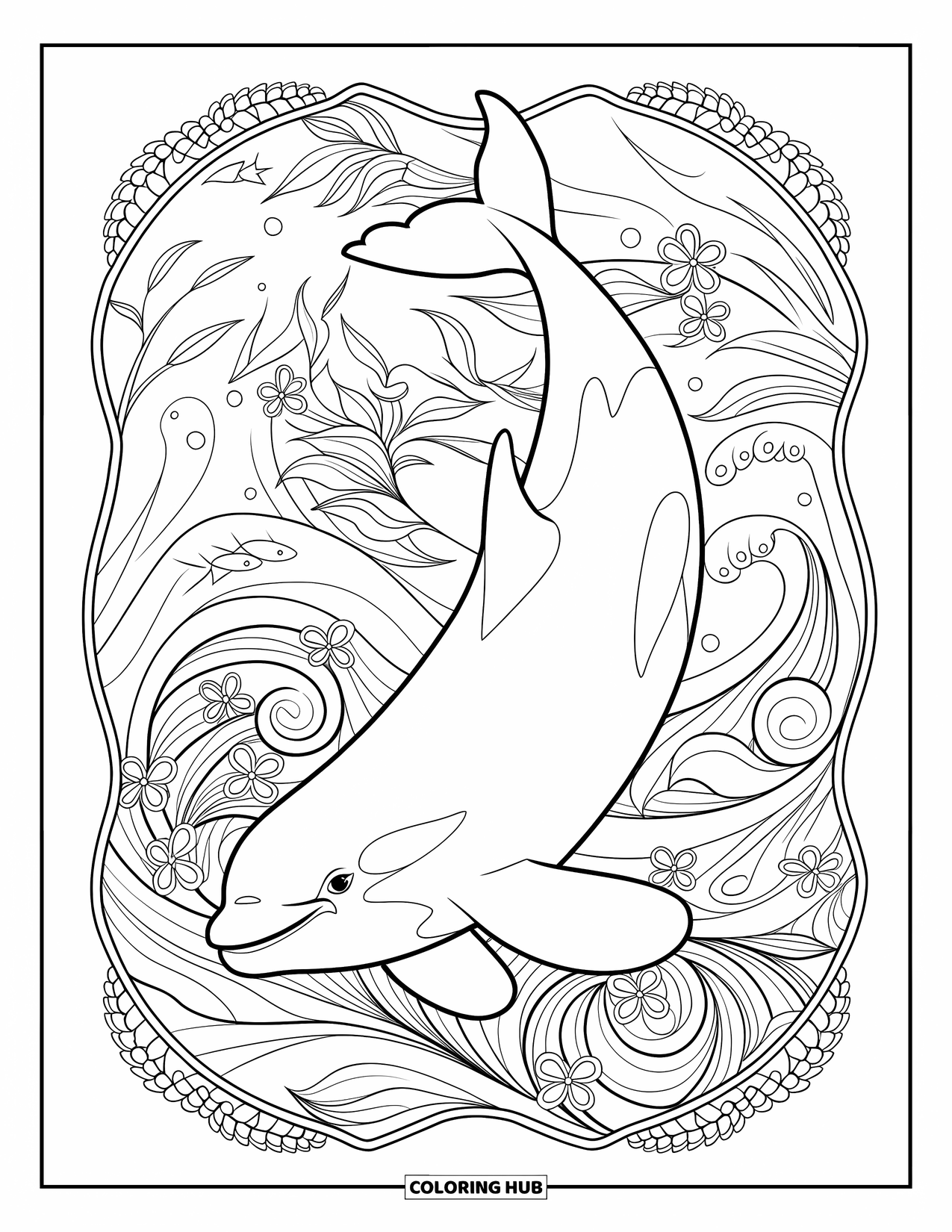 Orca Coloring Page for Adults: An orca dives into patterned waves with flowers and tiny fish nearby